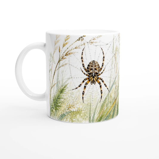 Gartenkreuzspinne Tasse 330 ml mit großer braun gezeichneter Kreuzspinne in einem feinen Spinnennetz zwischen hohen Wiesengräsern im Aquarellstil.