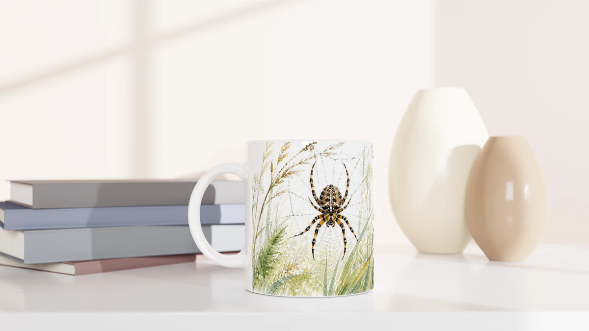 Keramiktasse aus der Wild Companions Collection mit Gartenkreuzspinne im filigranen Netz und lockerer Wiesenlandschaft in Grün- und Ockertönen.