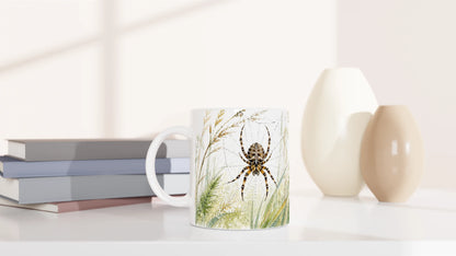 Keramiktasse aus der Wild Companions Collection mit Gartenkreuzspinne im filigranen Netz und lockerer Wiesenlandschaft in Grün- und Ockertönen.