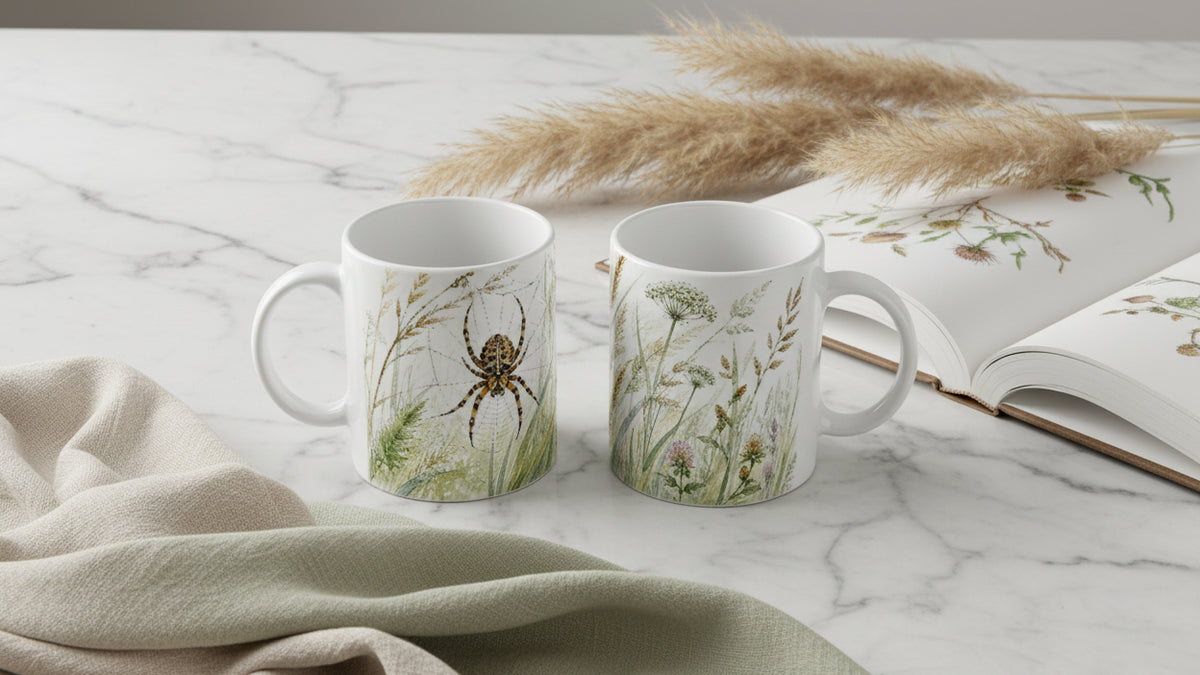 Zwei Ansichten der Gartenkreuzspinne Tasse mit großer Spinne im Netz auf einer Seite und hohen Wiesengräsern, Samenständen und Blüten auf der anderen.