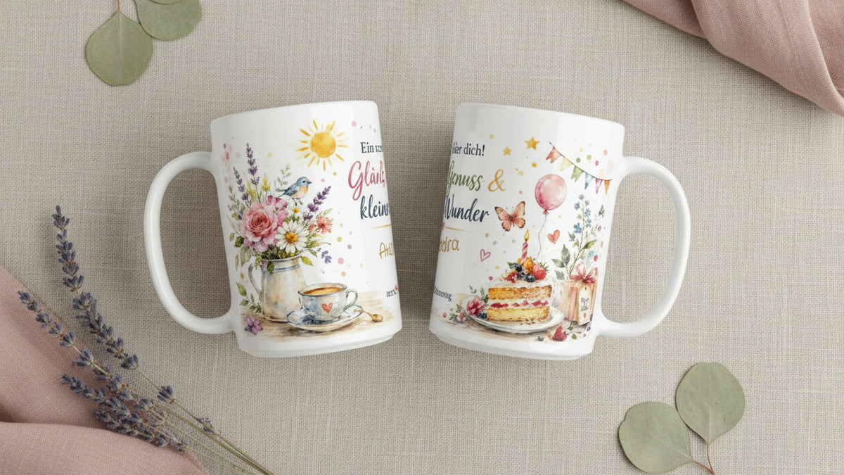 Zwei Ansichten der personalisierten Geburtstagstasse mit Name und Alterszahl sowie Aquarellmotiven mit Blumen, Torte, Geschenk und Ballon.