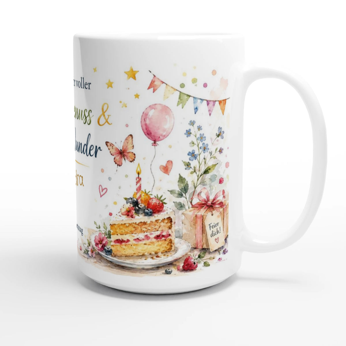 Personalisierte Geburtstagstasse mit Name und Alterszahl sowie floraler Aquarellillustration mit Blumen, Sonne, Vogel und Kaffeetasse.