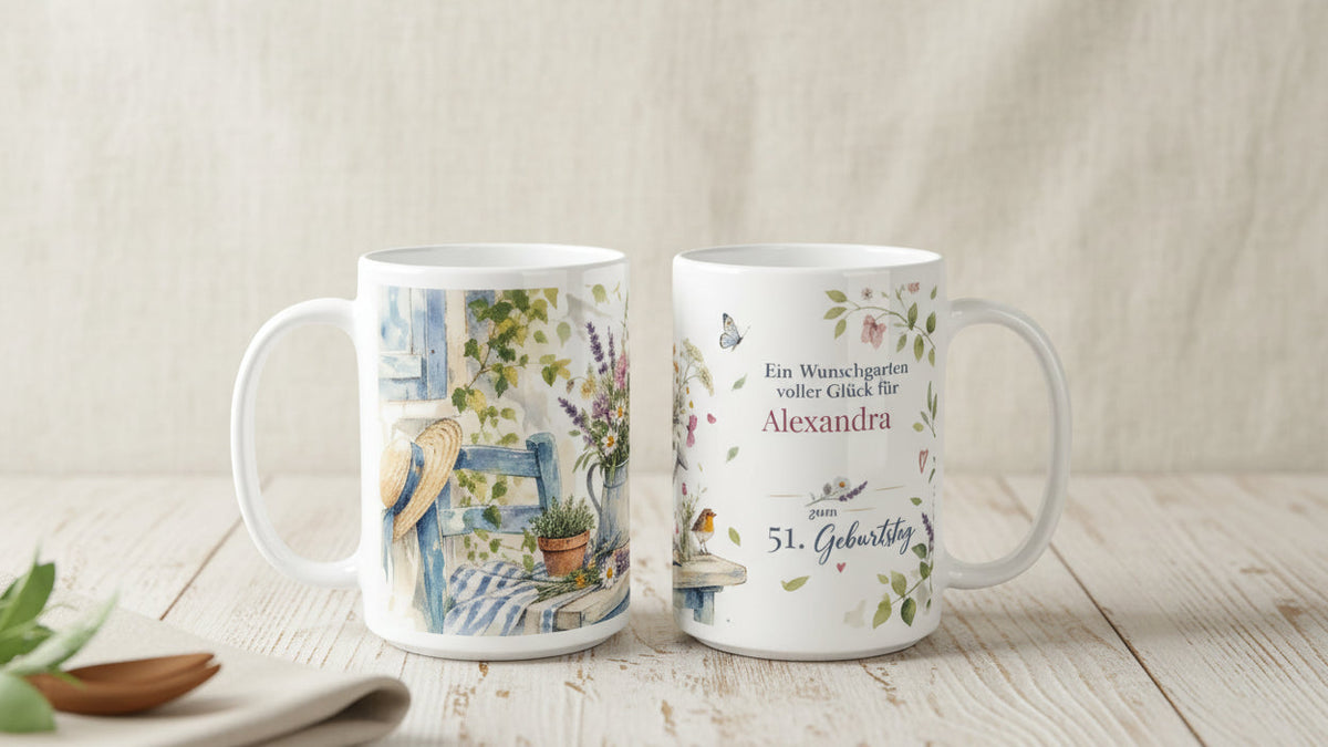 Personalisierte Geburtstagstasse mit Wunschname und Alterszahl, umgeben von zarten botanischen Aquarellelementen und kleinen floralen Details.
