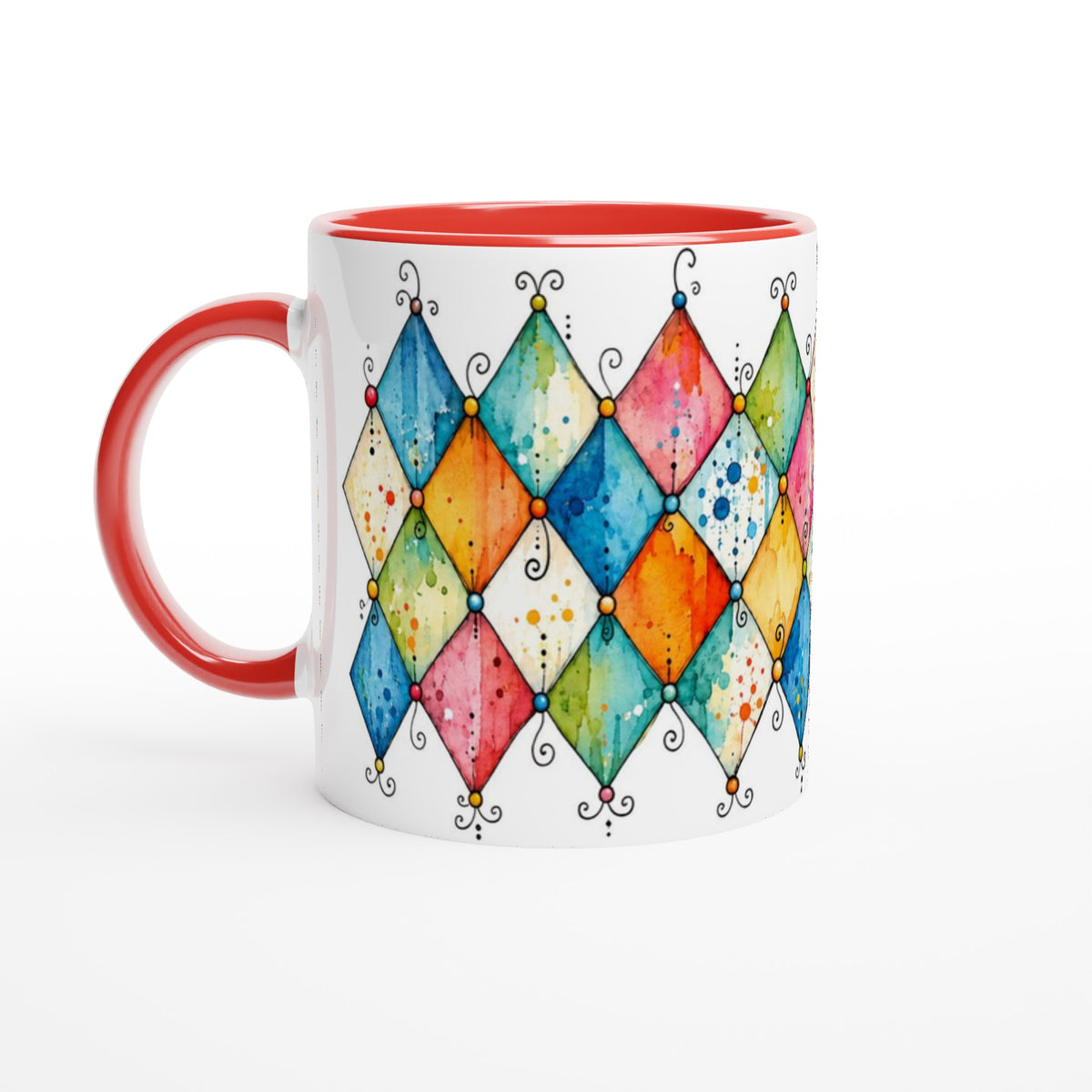 Keramiktasse mit stilisiertem geometrischem Rautenmuster. Die abwechslungsreiche Aquarellgestaltung eignet sich für Menschen, die Designobjekte mit Farbe und klaren Formen mögen.