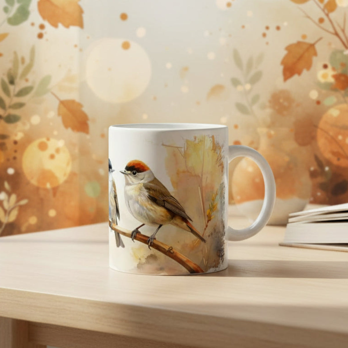 Mönchsgrasmücke Tasse 330 ml mit Vogelpaar auf einem Ast und feiner Naturillustration auf weißer Keramik
