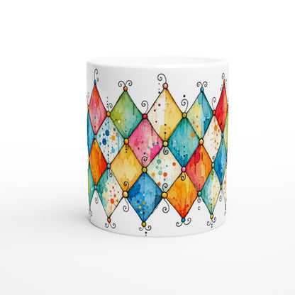 Geschenkidee für Retro- und Designliebhaber: Eine Keramiktasse mit buntem Aquarell-Rautendekor, grafischer Gestaltung und einer Auswahl aus vier unterschiedlichen Farbvarianten.