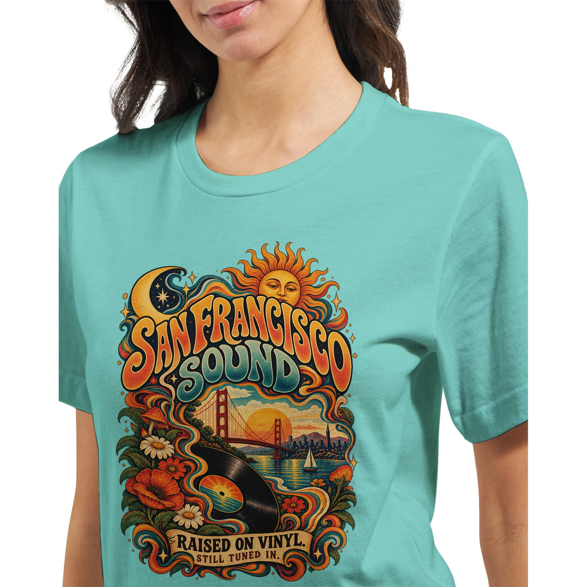 Retro-Shirt mit Golden Gate Bridge und Schallplattenmotiv für Fans von San Francisco. Die Gestaltung verbindet ein kalifornisches Wahrzeichen mit nostalgischer Musikkultur.