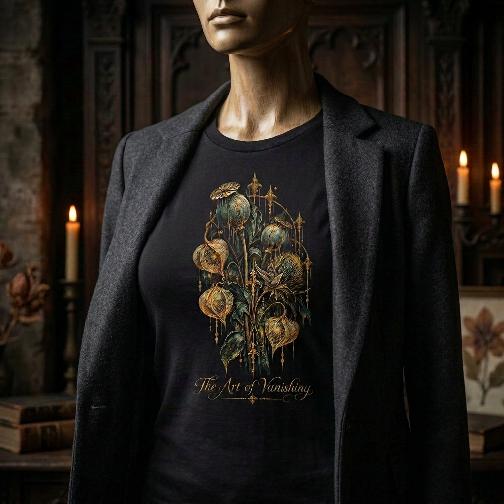 Gothic T-Shirt The Art of Vanishing von Mano et Arte, Hauptmotiv als Produkt-Mockup für einen dunklen, individuell kombinierten Alternative-Fashion-Look.