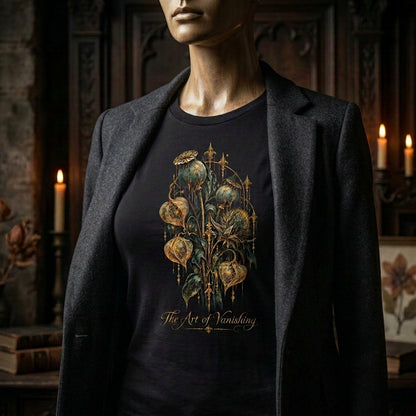 Gothic T-Shirt The Art of Vanishing von Mano et Arte, Hauptmotiv als Produkt-Mockup für einen dunklen, individuell kombinierten Alternative-Fashion-Look.