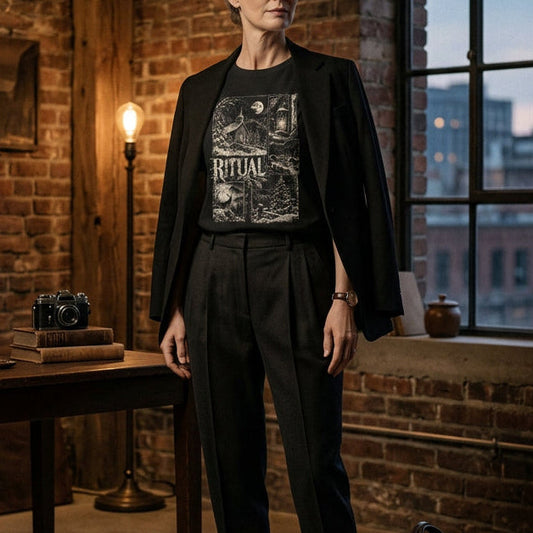Unisex-T-Shirt mit detailreicher Gothic-Wintercollage. Zu erkennen sind eine verschneite Kapelle im Vollmondlicht, eine alte Laterne, kleine Winterhäuser, ein Hirsch sowie der große Schriftzug RITUAL in verwitterter Vintage-Typografie.