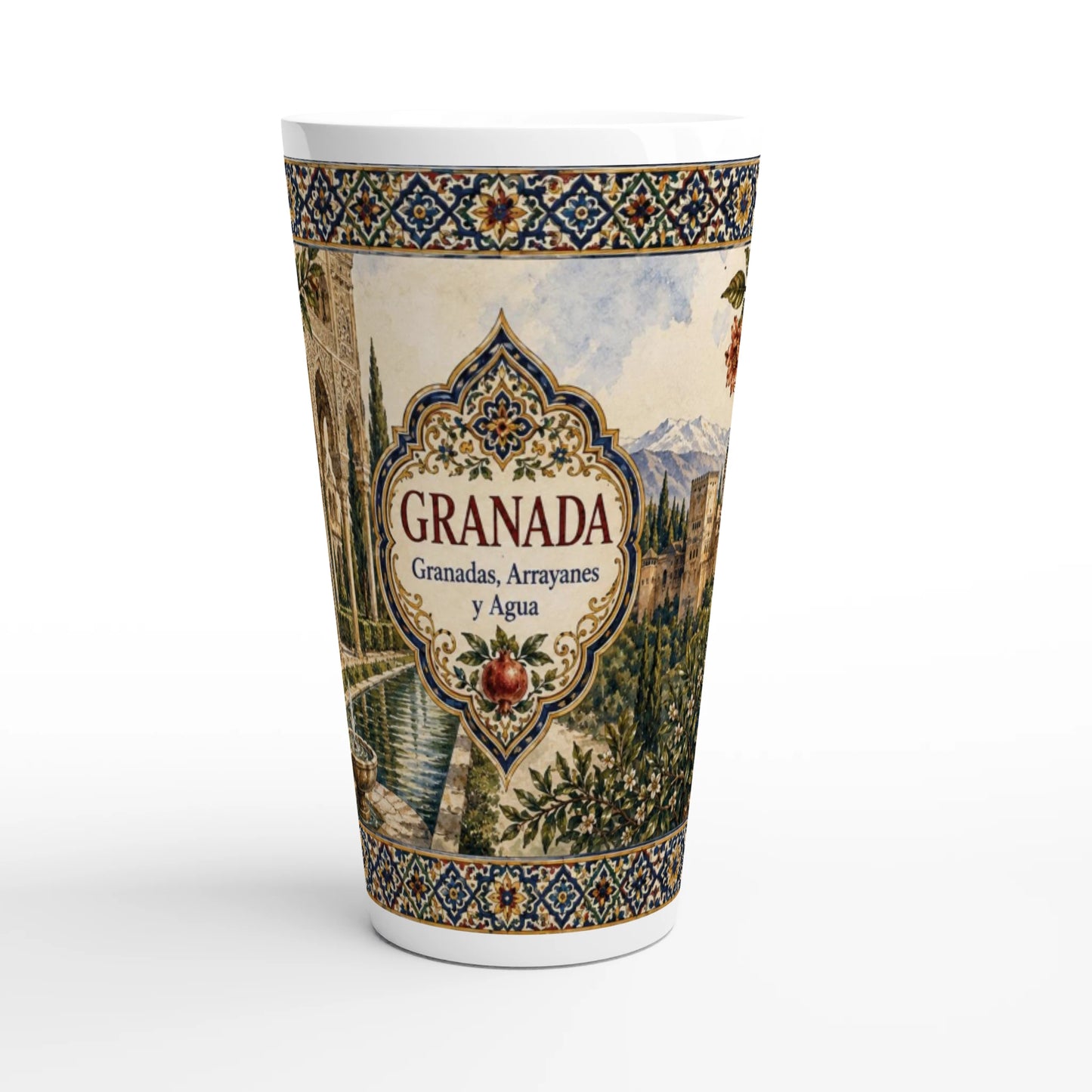 Granada Latte Tasse 440 ml mit Alhambra, Granatäpfeln, blau-goldenen Azulejos und andalusischem Gartenmotiv