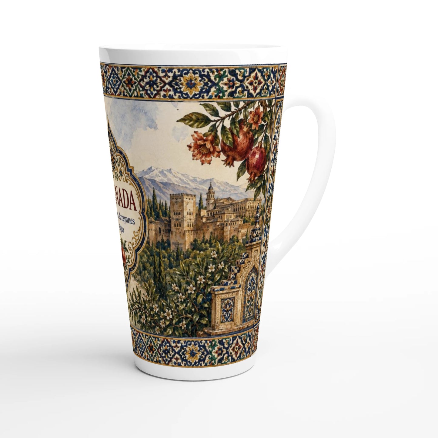 Latte-Tasse mit kunstvollen blau-goldenen Azulejo-Ornamenten und floral-geometrischem Rahmen im andalusischen Stil