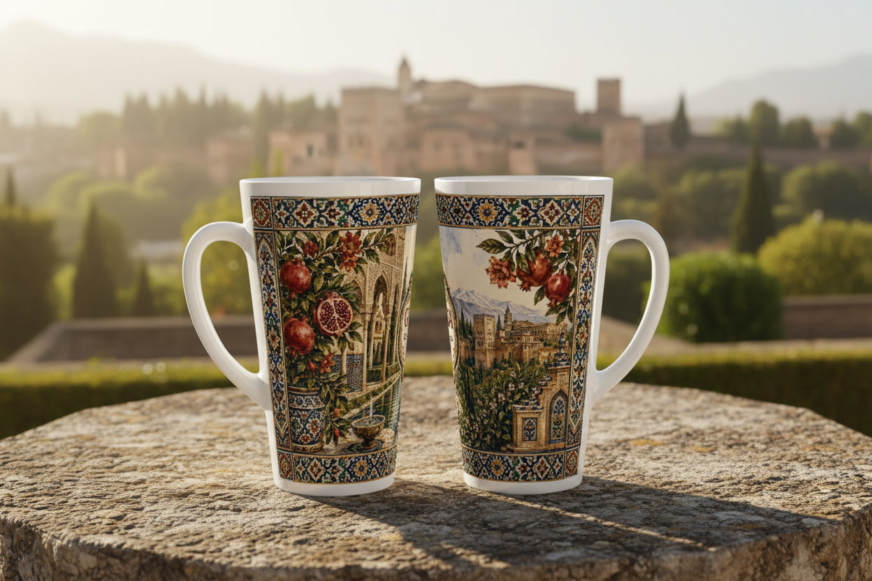 Granada Latte Tasse mit dem Schriftzug Granadas, Arrayanes y Agua in einem reich verzierten ornamentalen Rahmen