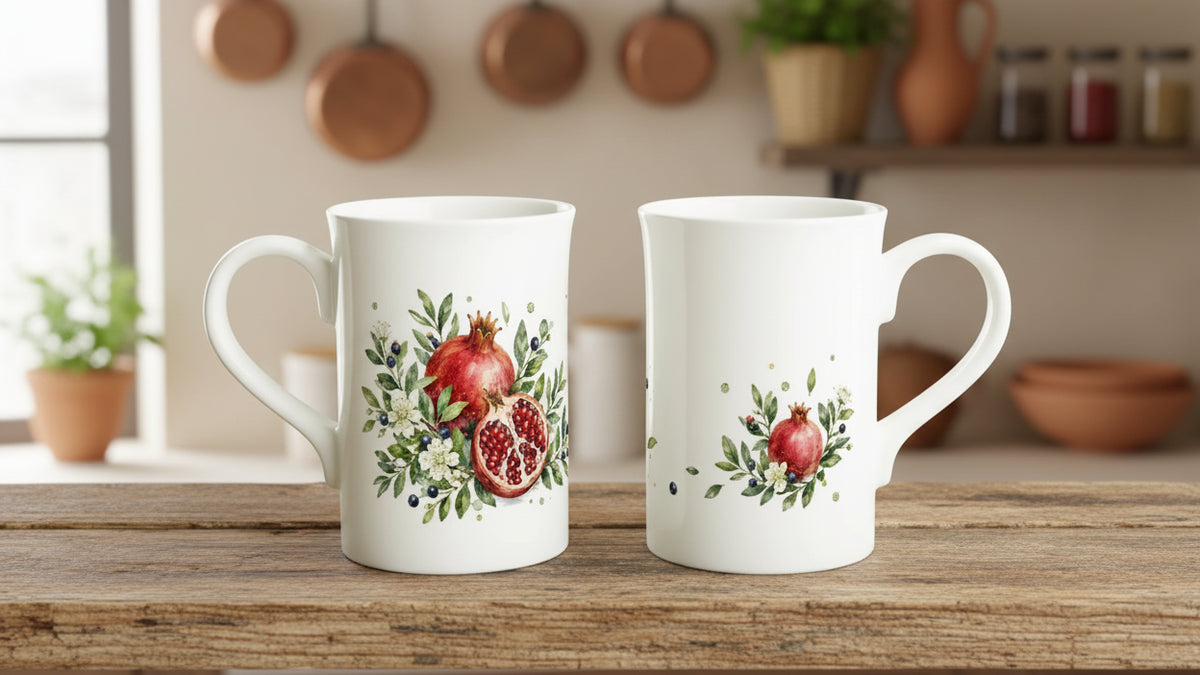 Botanische Porzellantasse mit Granatapfel, Myrtenzweigen, dunklen Beeren und weißer Blüte