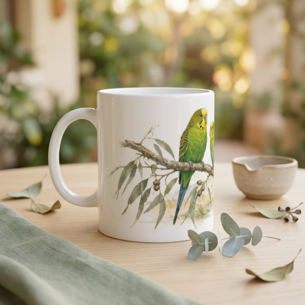 Weiße 330 ml Tasse mit grün-gelben Wellensittichen und sanfter Landschaft im Hintergrund