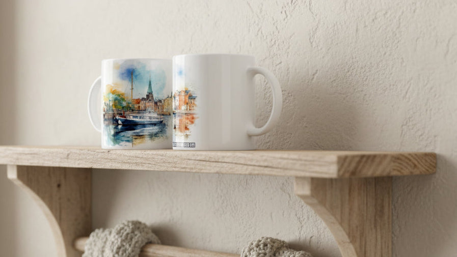 Maritime Hamburg Tasse mit Schiffen, Speicherhäusern und Wasser in lockerer Aquarelloptik