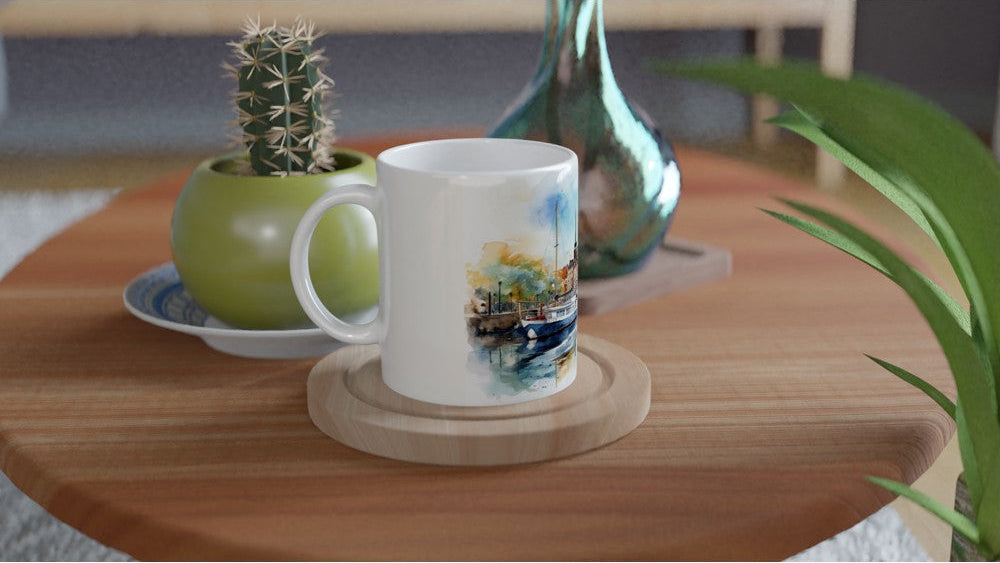 Hamburg Souvenir Tasse 330 ml mit künstlerischer Hafenszene als Erinnerung an die Hansestadt