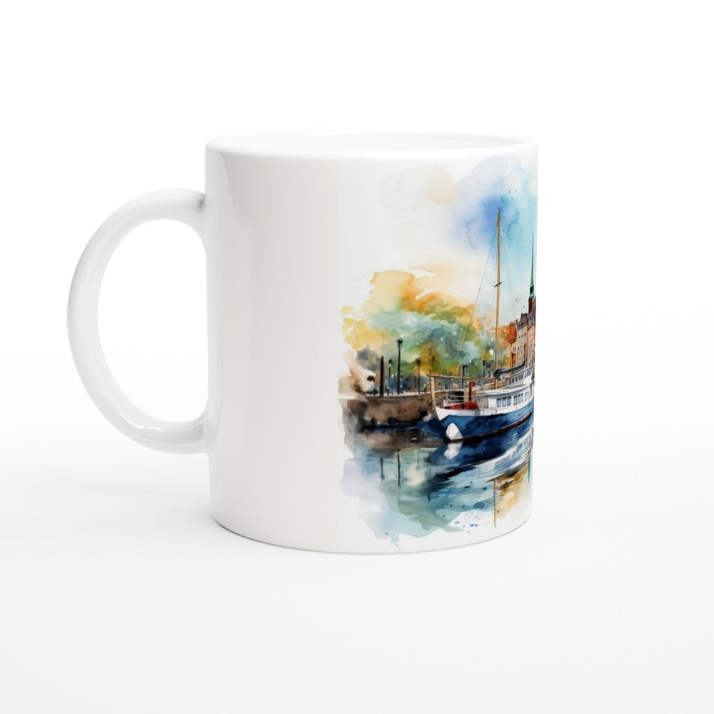 Hamburg Tasse mit Speicherstadt, historischen Fassaden und spiegelndem Wasser im Aquarellstil