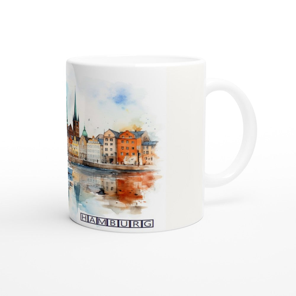 Hamburg Tasse 330 ml mit Hafen, Schiffen und Speicherstadt im lebendigen Aquarellstil
