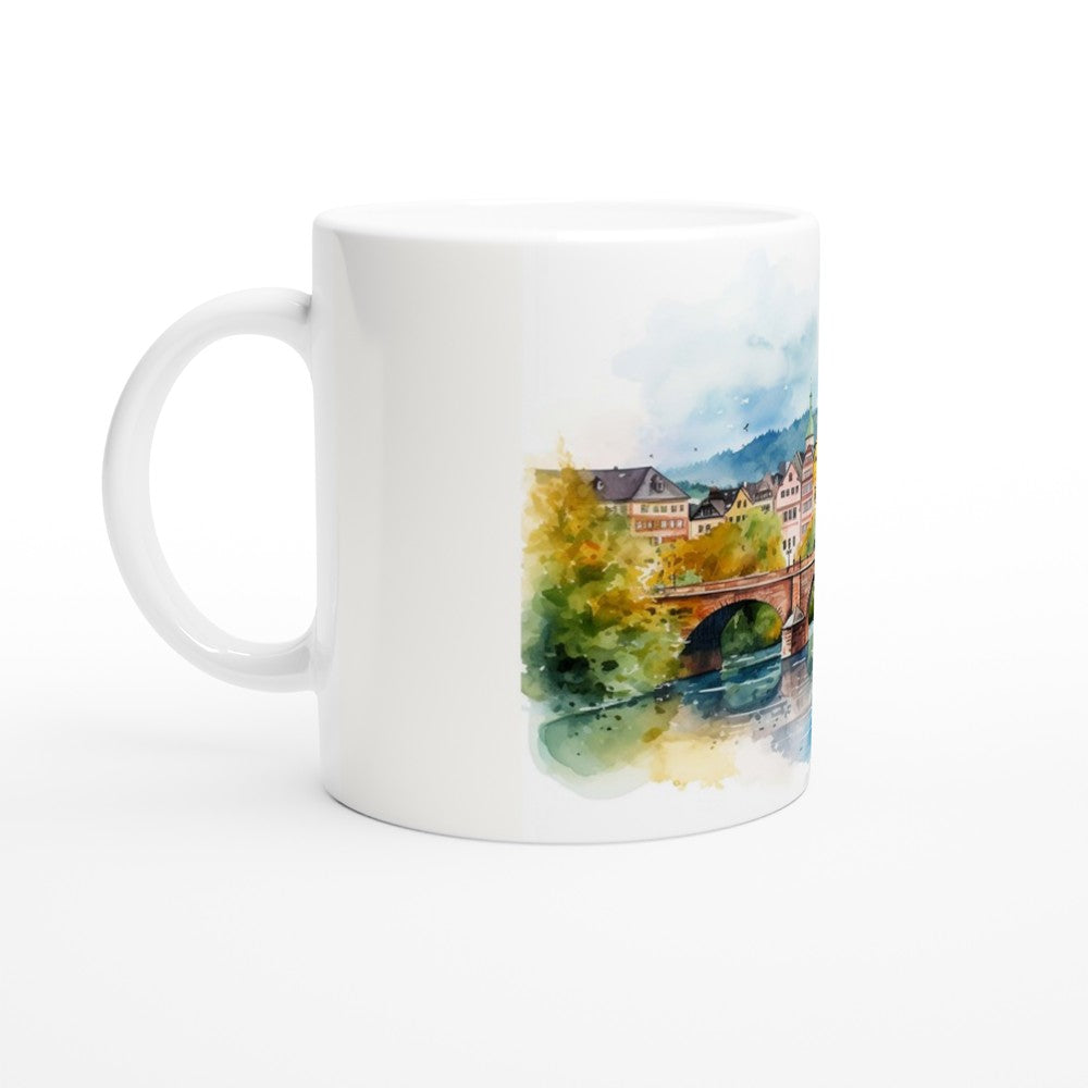 Heidelberg Kaffeetasse mit historischer Stadtansicht, Neckarufer und malerischen Architekturdetails