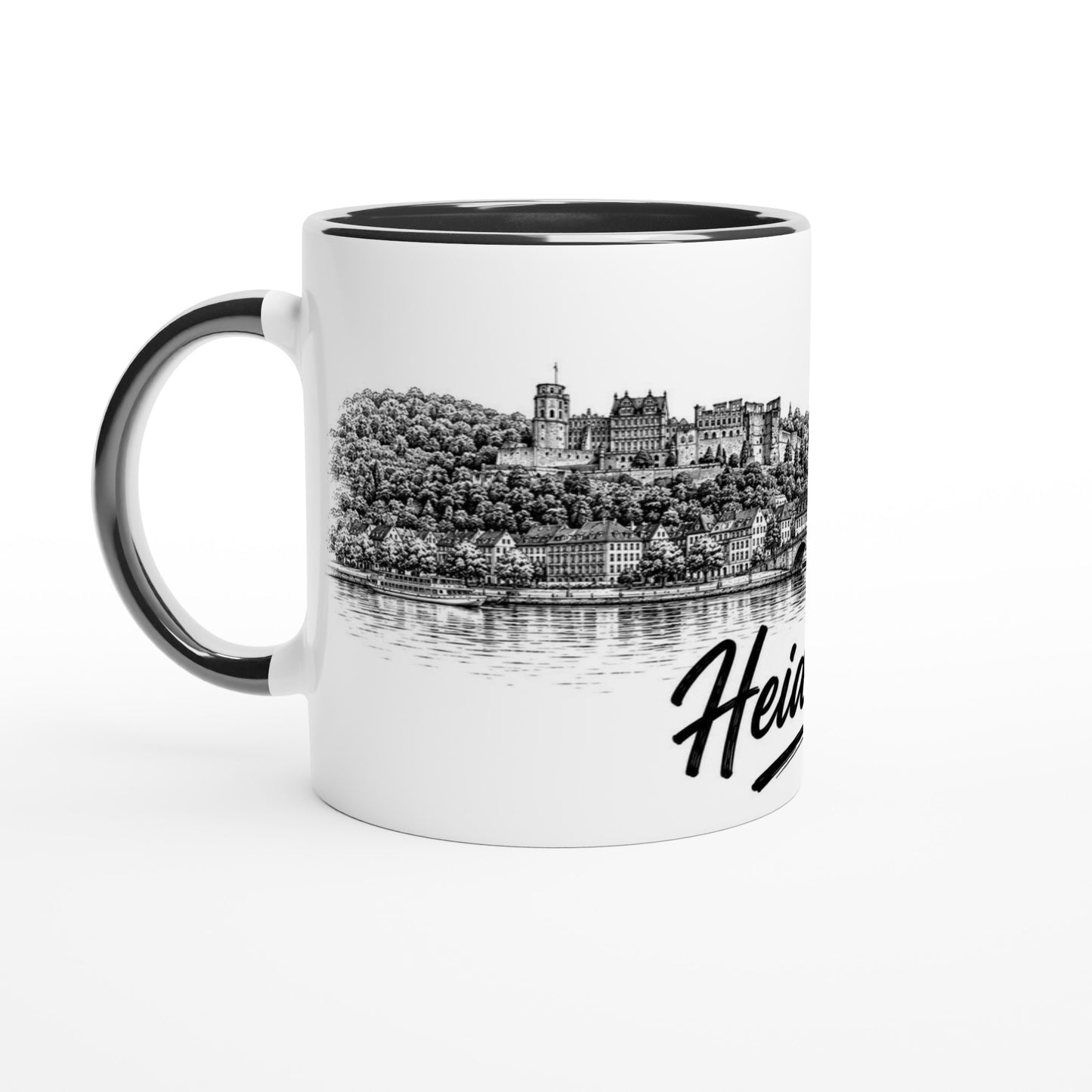 Keramiktasse mit Heidelberg Skyline im Schwarz-Weiß-Stil, historischer Altstadt, Schloss und Neckarlandschaft.