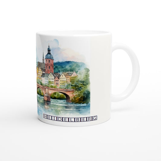 Heidelberg Tasse 330 ml mit Neckar, historischen Brücken und Stadtlandschaft im hellen Aquarellstil