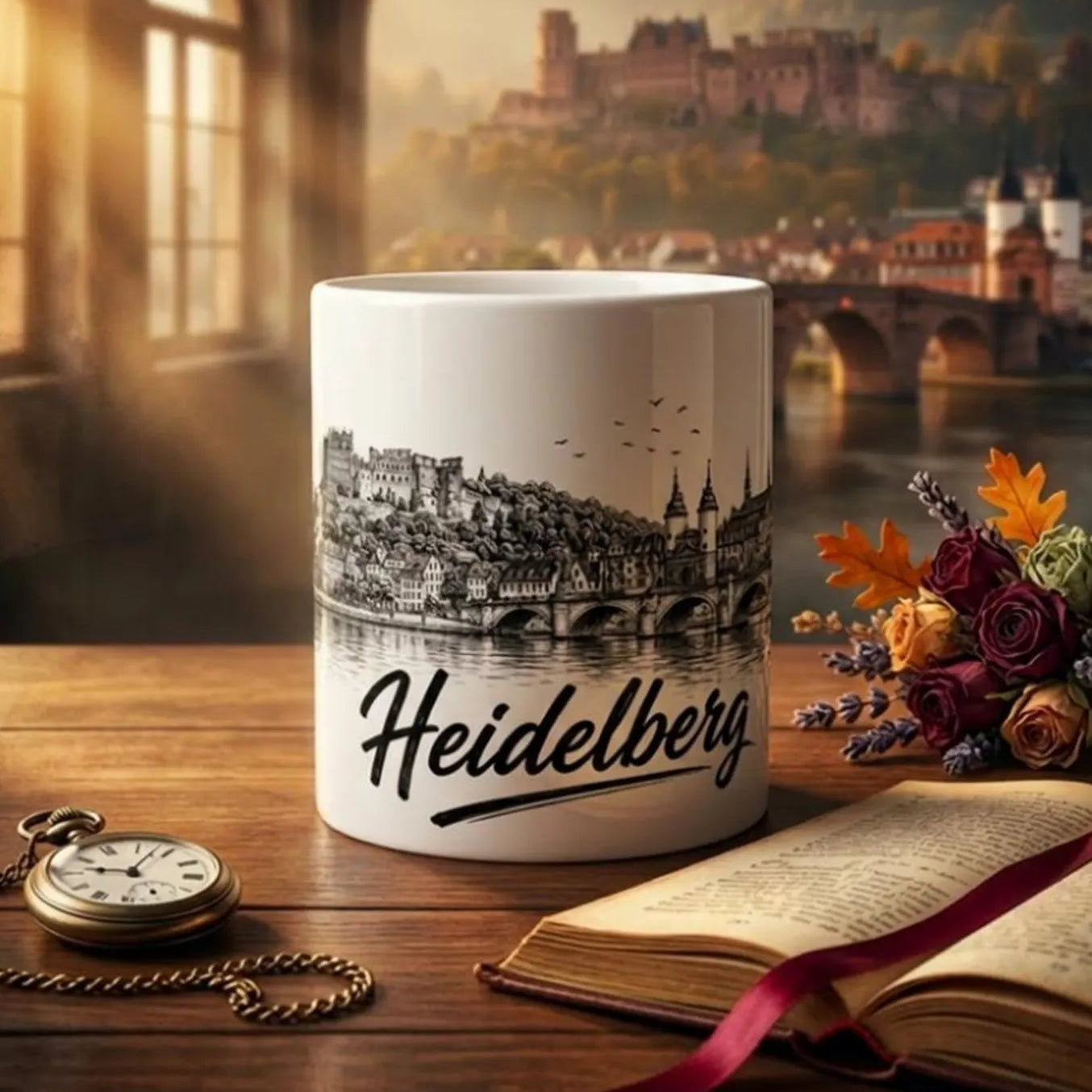 Heidelberg Tasse 330 ml mit Schwarz-Weiß-Skyline, Schloss, Alter Brücke, Altstadt und großem Heidelberg Schriftzug.