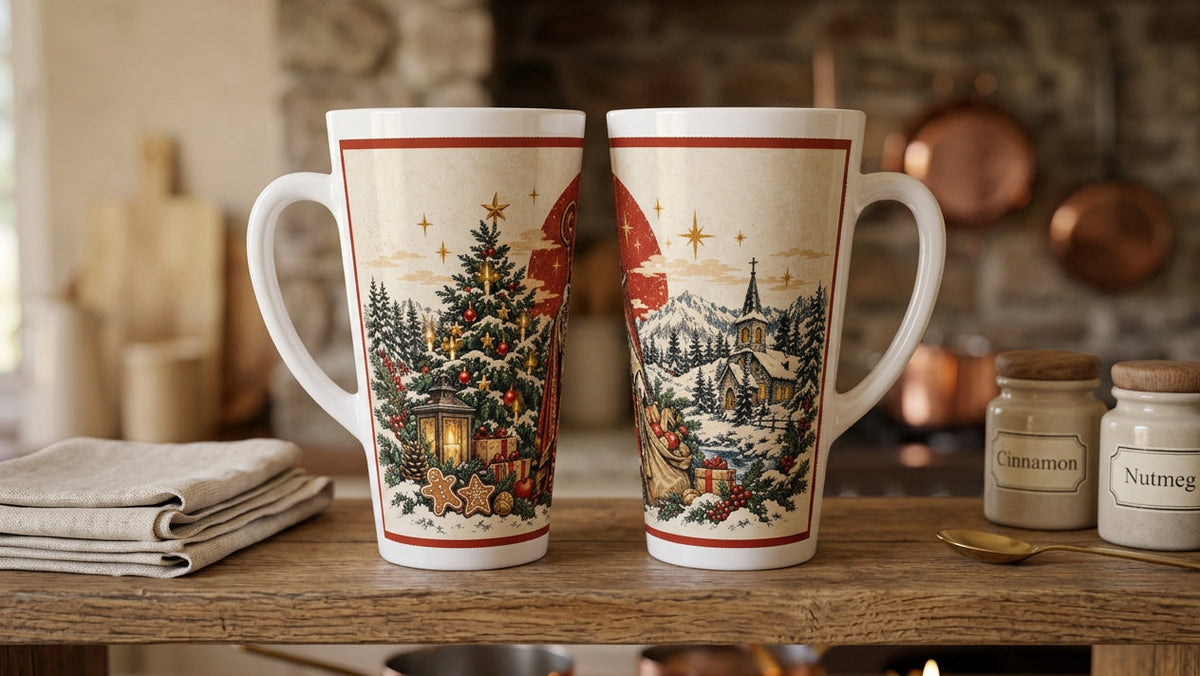Hohe weiße Latte-Macchiato-Tasse mit dem Heiligen Nikolaus als Vintage-Illustration. Das traditionelle Weihnachtsmotiv verleiht dem Keramikbecher einen nostalgischen Charakter.