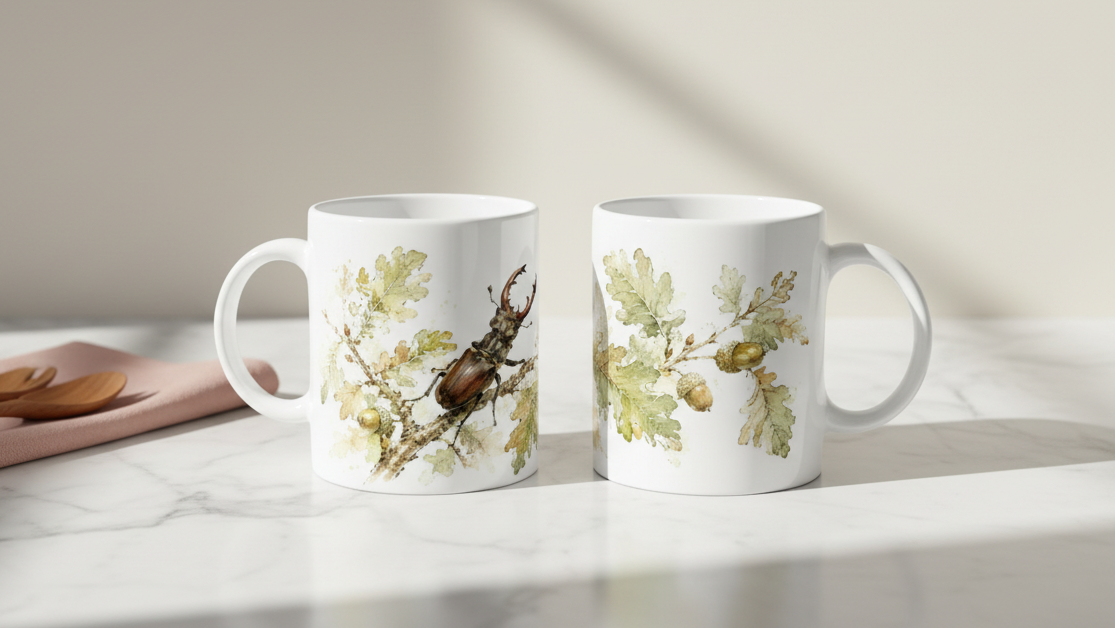 Zwei Ansichten der Hirschkäfer Eichenlaub Tasse mit Käfer auf einem Eichenast auf einer Seite und Eichenlaub mit Eicheln auf der anderen.