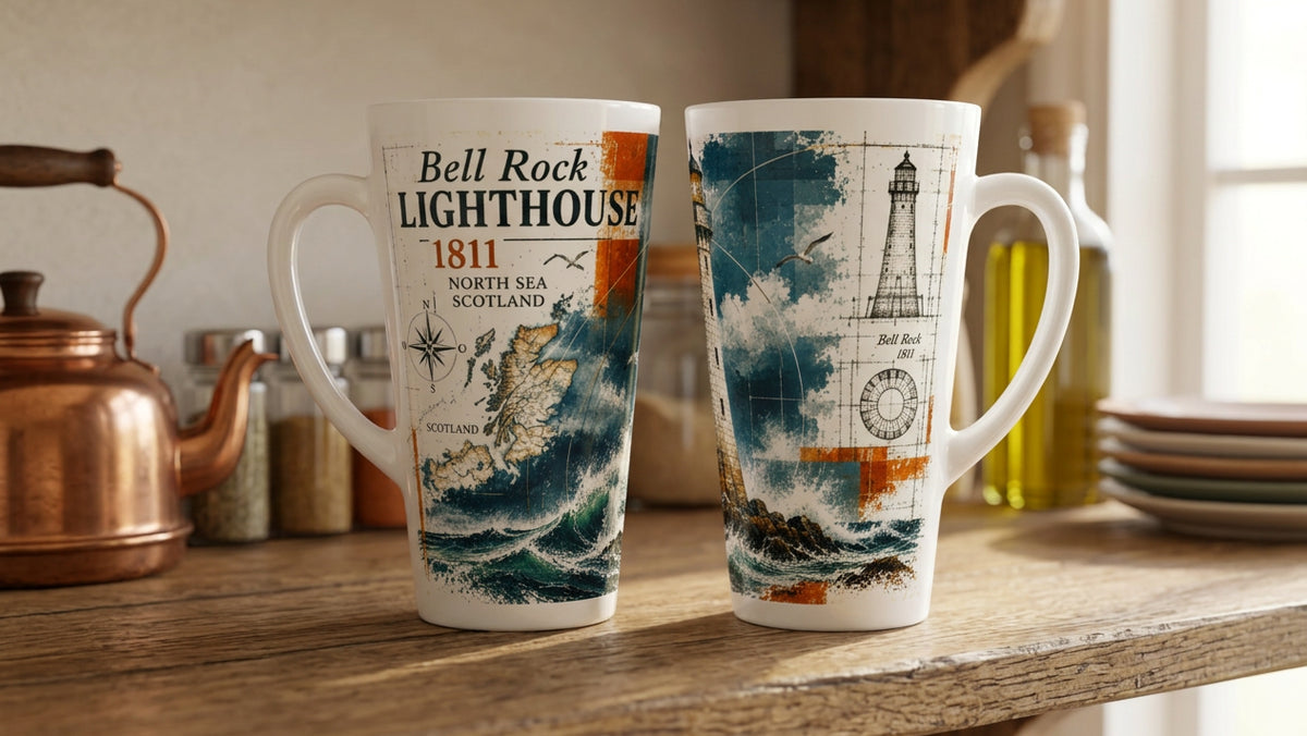 Historischer Leuchtturm Bell Rock in einer stürmischen Nordseeszene, gestaltet als Motiv einer hohen Latte-Tasse aus glänzend weißer Keramik.