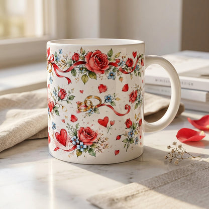 Weiße Hochzeitstasse mit romantischem Aquarellmotiv aus Eheringen, Rosen und Herzen. Die Keramiktasse mit 330 ml Fassungsvermögen eignet sich als Geschenk für ein Brautpaar.