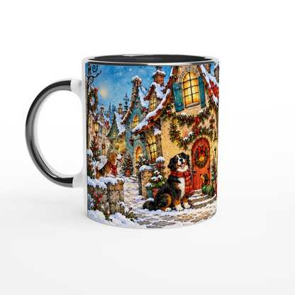 Weihnachtliches Tassenmotiv mit Hunden, Weihnachtsbaum und Winterdorf. Die Illustration verbindet die Freude an Hunden mit der besonderen Atmosphäre verschneiter Weihnachtstage.