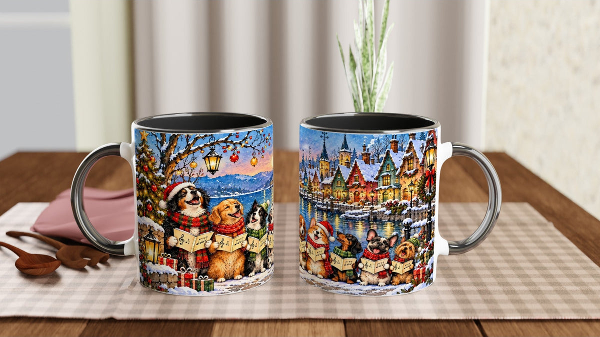 Keramiktasse mit Hundechor in einer winterlichen Dorfkulisse. Das Motiv verbindet singende Hunde und weihnachtliche Stimmung zu einer fröhlichen Geschenkidee für Hundeliebhaber.
