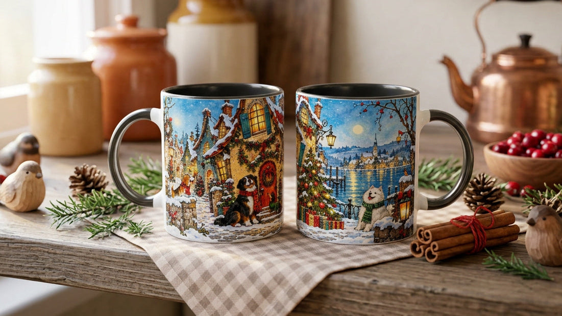 Keramiktasse mit liebevoll illustrierten Hunden in einem weihnachtlichen Winterdorf. Verschneite Dorfkulisse und Weihnachtsbaum verleihen dem Motiv eine festliche Winterstimmung.