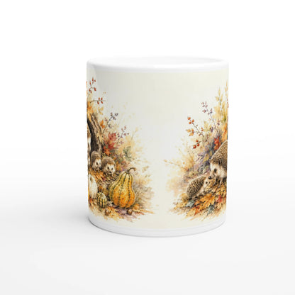 Zweite Motivseite der Igel Tasse mit einem großen und einem kleinen Igel zwischen Zierkürbissen und Beerenzweigen