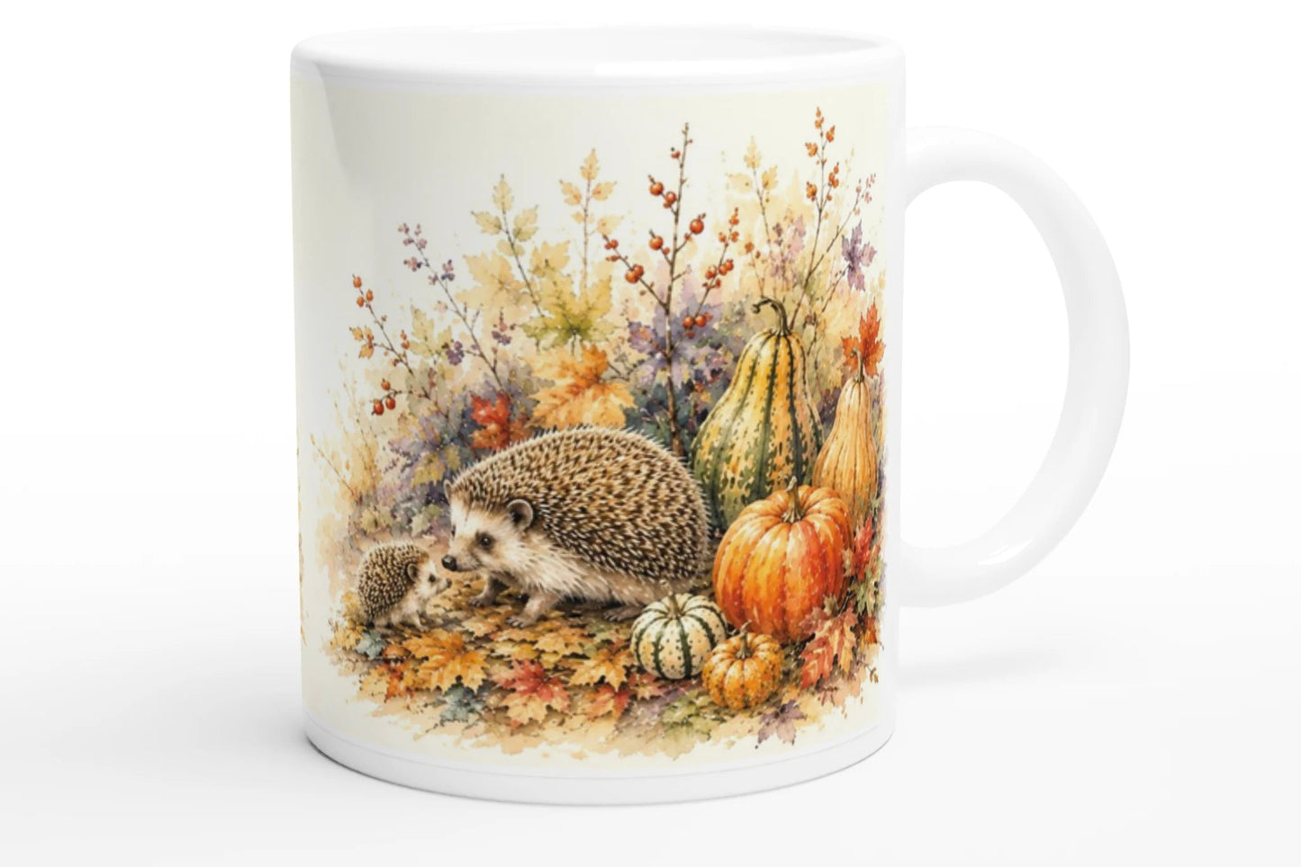 Igel Tasse 330 ml mit Muttertier, mehreren kleinen Igeln, Kürbissen und buntem Herbstlaub im Aquarellstil