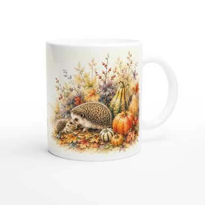 Igel Tasse 330 ml mit Muttertier, mehreren kleinen Igeln, Kürbissen und buntem Herbstlaub im Aquarellstil