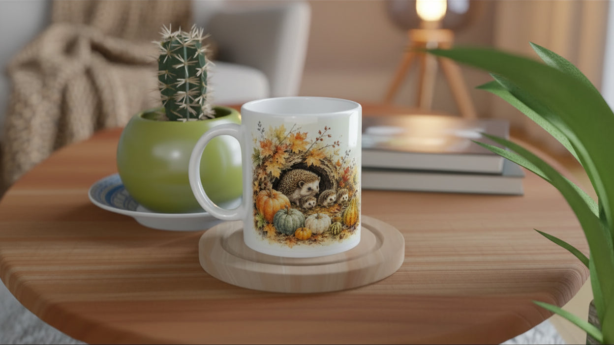 Umlaufendes Herbstpanorama mit Igelfamilie, Kürbissen, Blättern und botanischen Details auf einer Keramiktasse