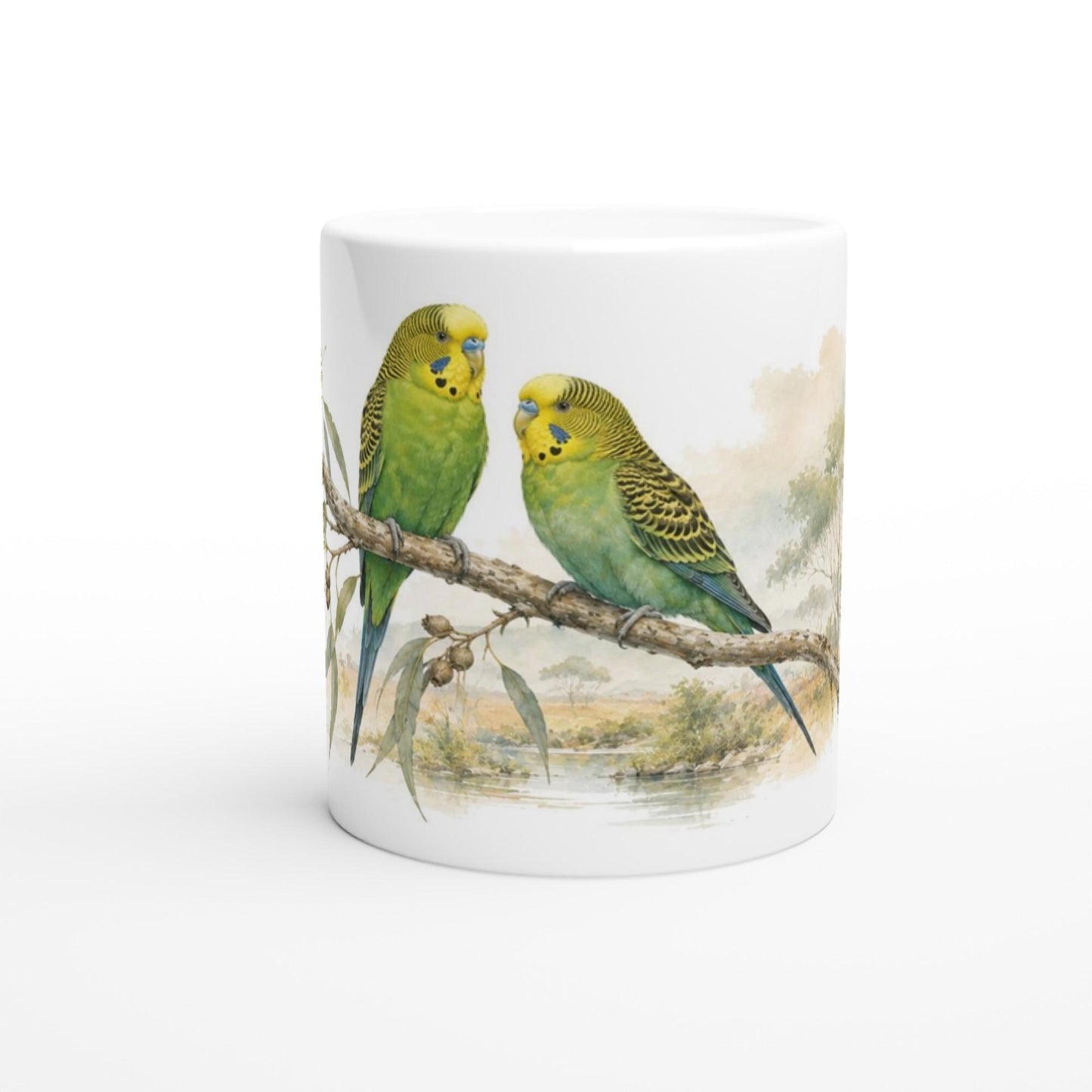 Wellensittiche Geschenk Tasse 330 ml – Naturmotiv mit Vögeln auf Ast & botanischem Design