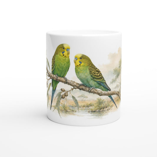 Wellensittiche Geschenk Tasse 330 ml – Naturmotiv mit Vögeln auf Ast & botanischem Design