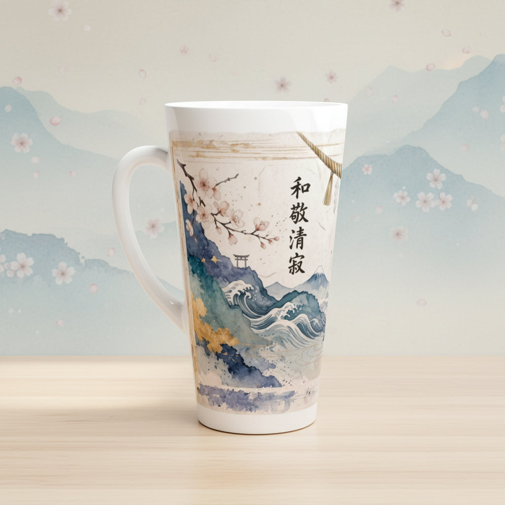 Japanische Maneki Neko Latte Tasse 440 ml mit Glückskatze, Sakura Kirschblüten und Aquarell Landschaft im asiatischen Design
