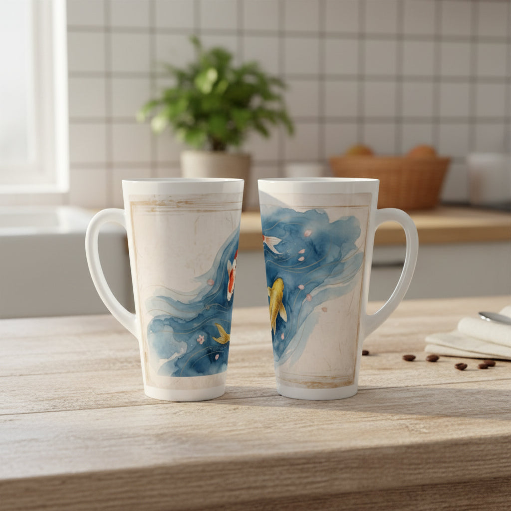 Detailansicht einer Japan Tasse mit Koi Fischen, Wasserbewegung und dekorativen Goldlinien