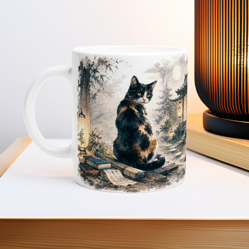 Japanisches Yōkai Motiv mit Katze, Mondlicht und Laternen