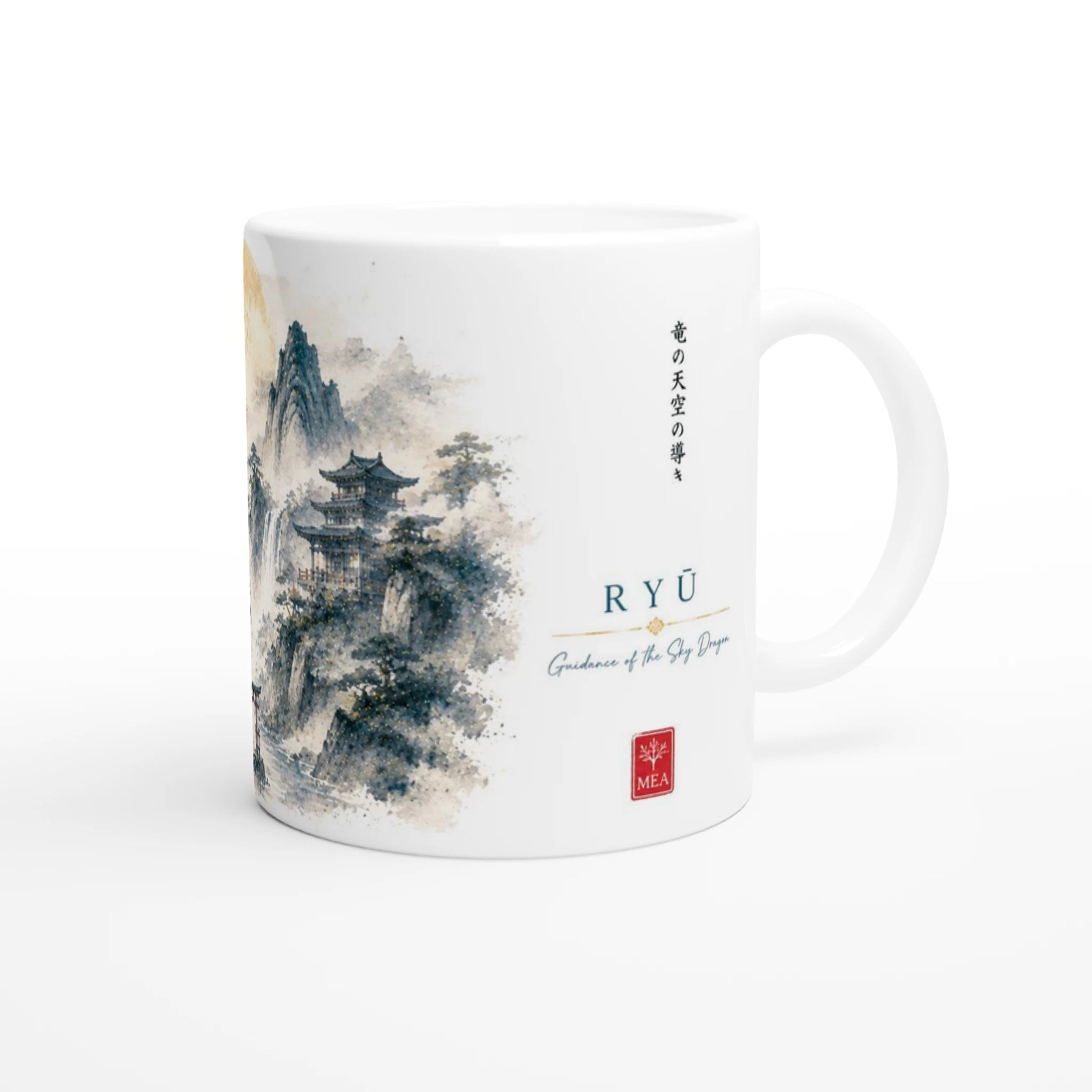 Ruhige asiatische Kunstillustration mit Ryū Drache und Naturkulisse