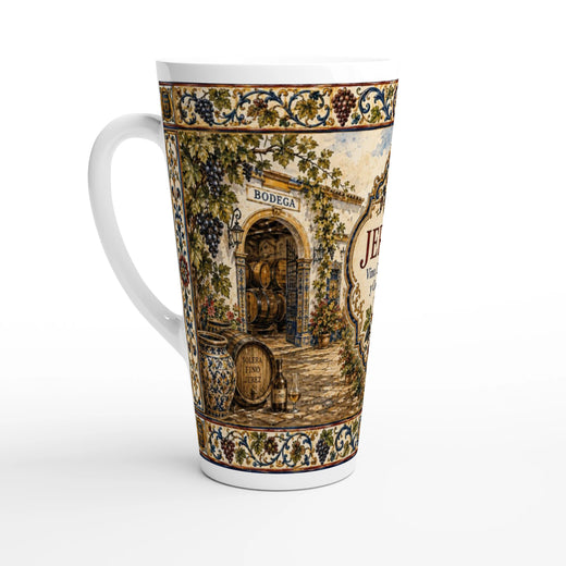 Weiße Latte-Tasse mit elegantem andalusischem Pferd in einem blumengeschmückten Hof mit spanischen Keramikdetails
