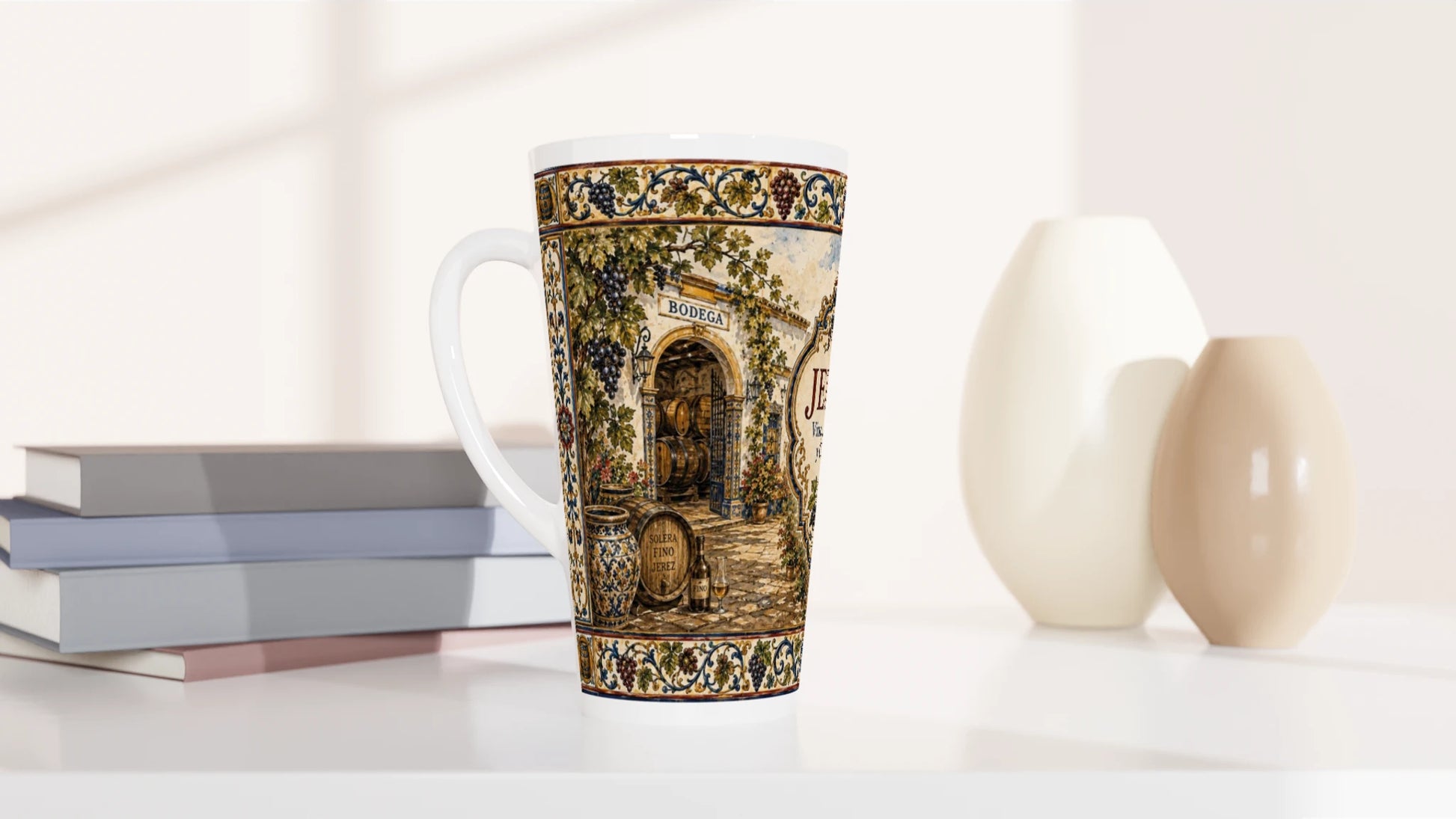 Jerez Latte Tasse mit kunstvollen blau-goldenen Fliesenornamenten, floralen Mustern und traditioneller Keramikgestaltung