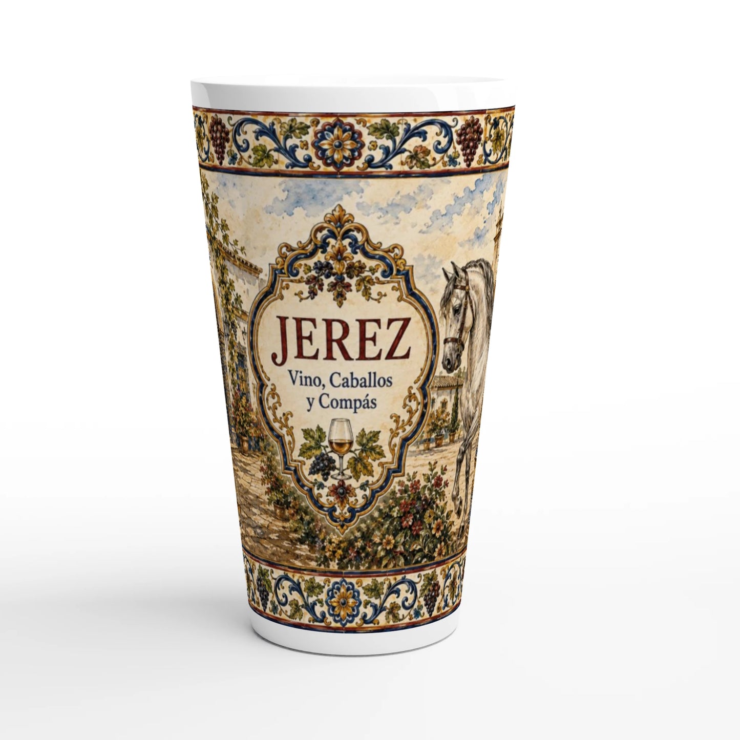 Jerez Latte Tasse 440 ml mit andalusischem Pferd, historischer Bodega, Trauben und blau-goldenen Azulejo-Ornamenten