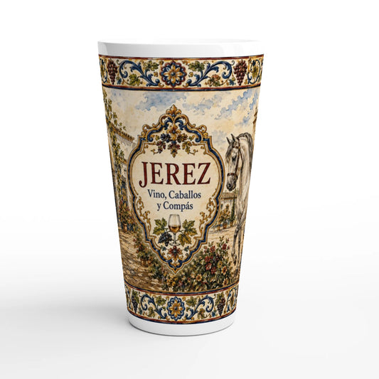 Jerez Latte Tasse 440 ml mit andalusischem Pferd, historischer Bodega, Trauben und blau-goldenen Azulejo-Ornamenten