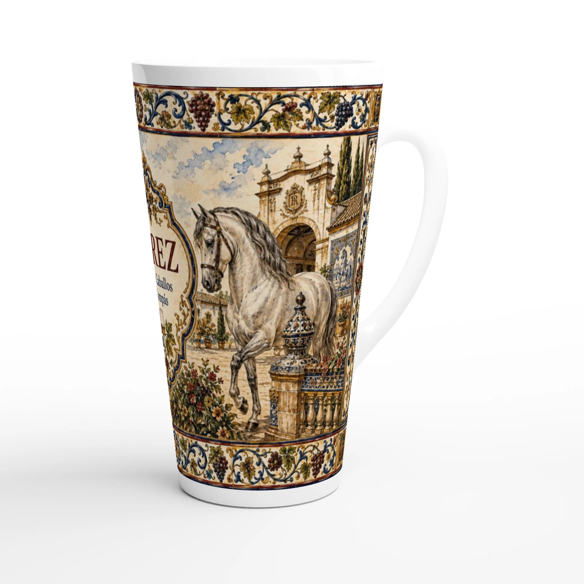 Latte-Tasse mit dunklen Trauben, Weinlaub und ornamentaler Einfassung als Hinweis auf die Weintradition von Jerez