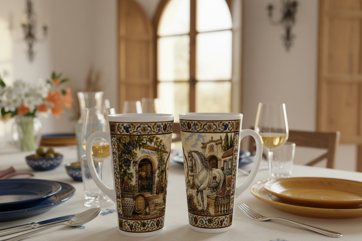 Latte-Tasse mit dem Schriftzug Jerez – Vino, Caballos y Compás in einem reich verzierten spanischen Ornamentrahmen